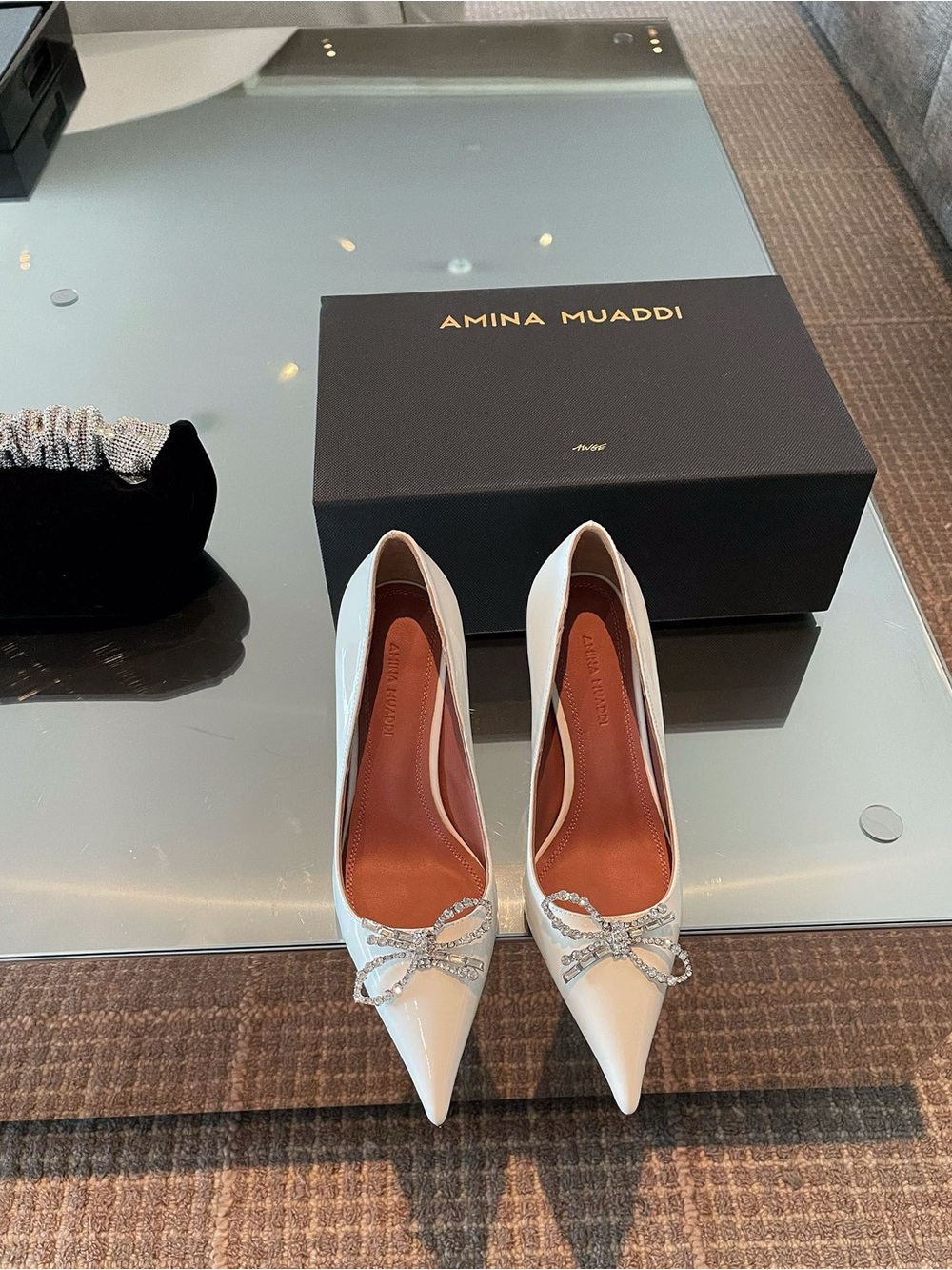 Amina Muaddi White Patent Pointed Pump with Crystal Bow - Picture 1 of 9
